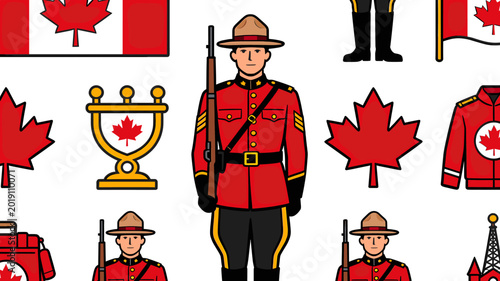 Illustration of Canadian symbols including a Royal Canadian Mounted Police officer in red serge uniform, maple leaves, and the Canadian flag.