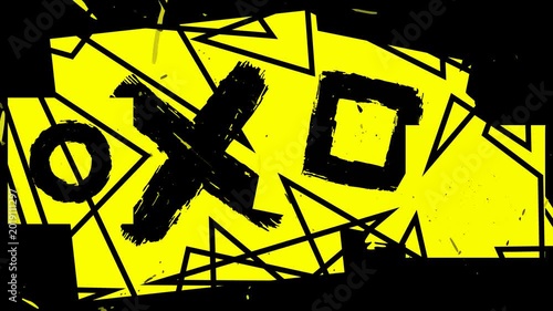 Bold abstract design with sharp lines and distressed textures featuring large 'X' and 'O' symbols in black and yellow
