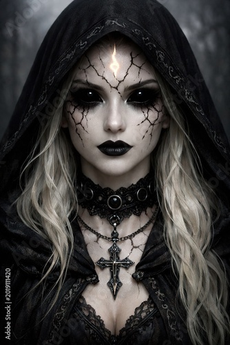 Gothic style portrait of a blonde woman wearing a black hood and lace choker with dark cracked makeup and solid black eyes
