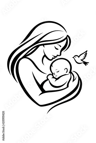 Minimalist black and white line art depicting a mother tenderly holding a sleeping baby next to a flying bird