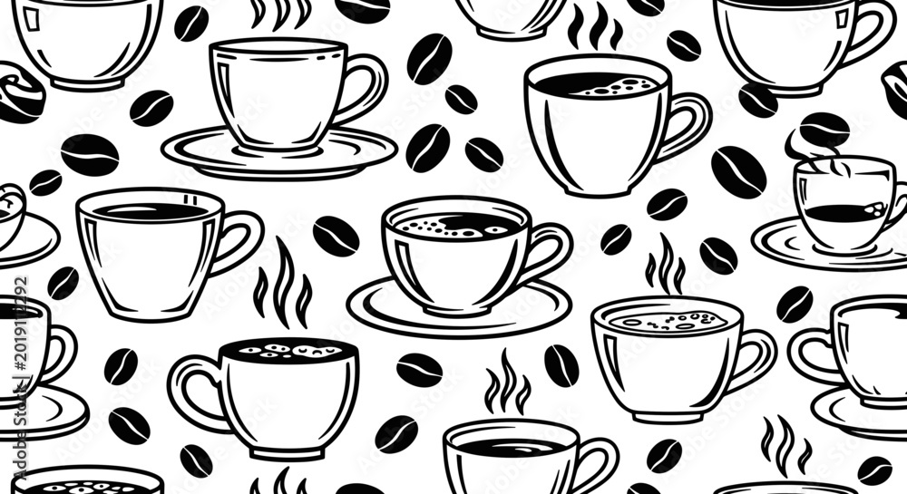 Obraz premium Seamless pattern of coffee cups and beans in black and white sketch style