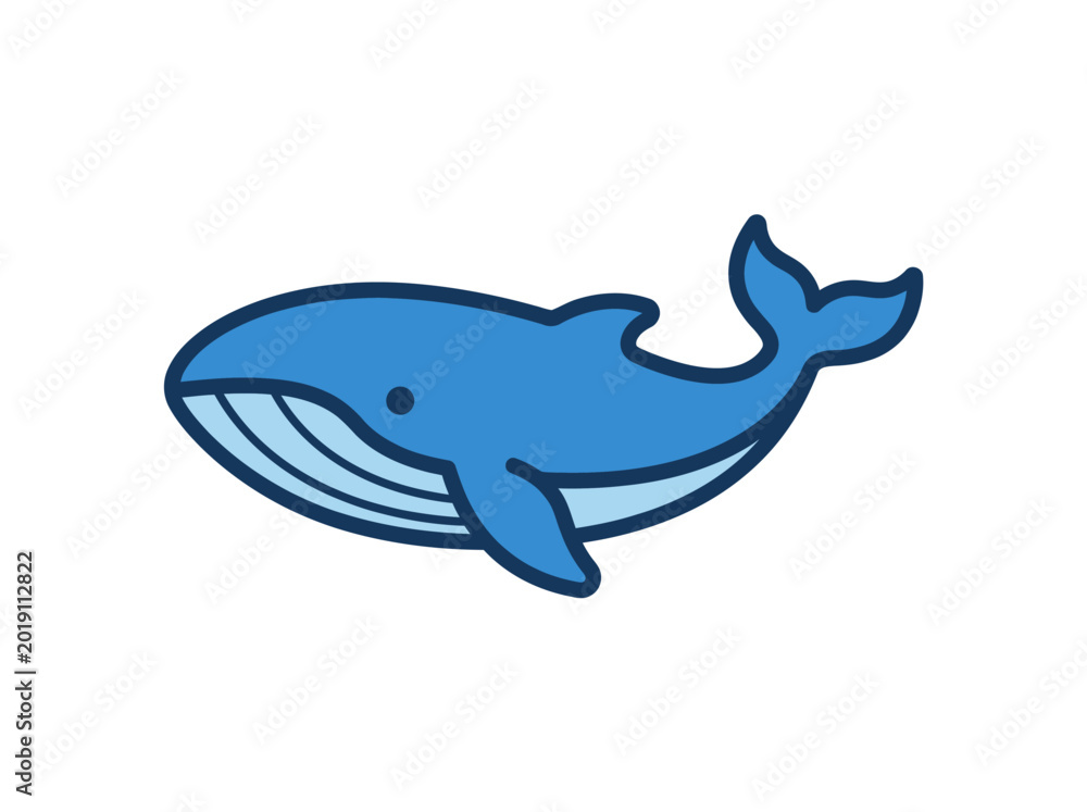 Fototapeta premium Blue cartoon whale illustration side view.