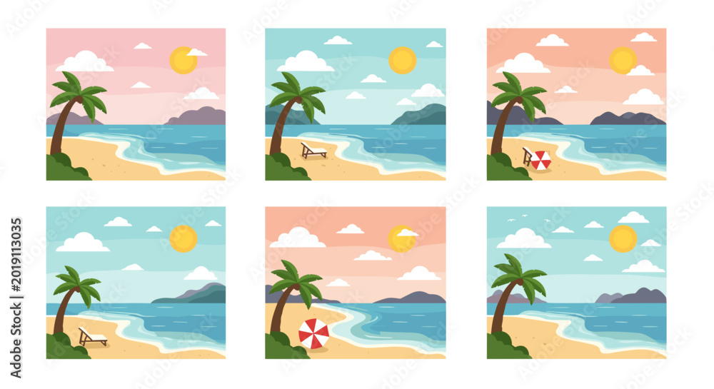 Obraz premium Tropical Beach Scenes Collection with Palm Trees Ocean and Sun