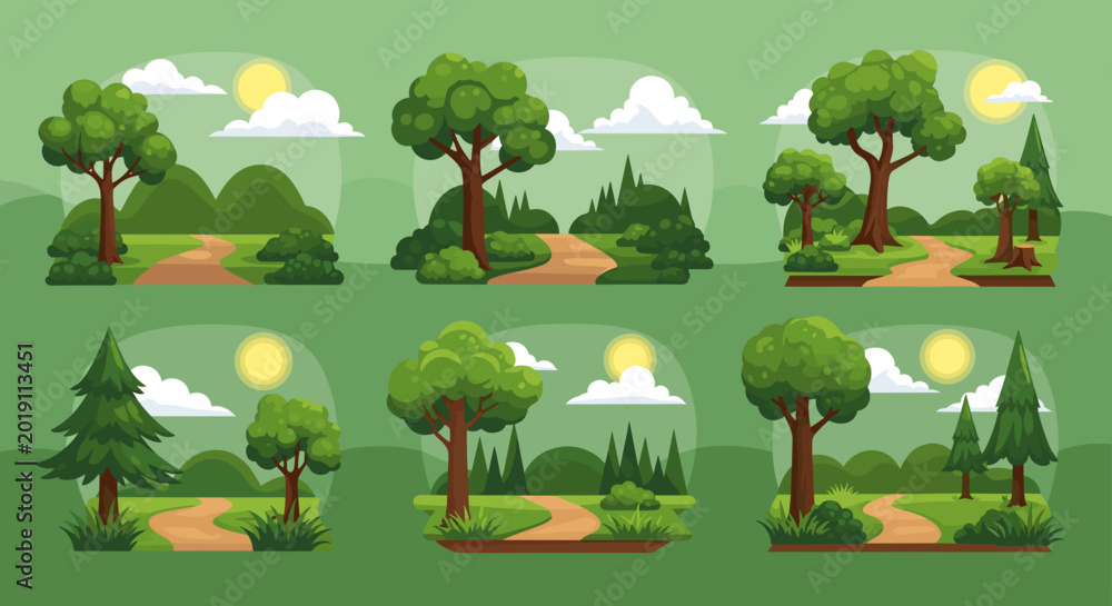 Fototapeta premium Collection of stylized cartoon forest landscapes with trees paths and sun