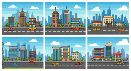 Pixel Art Cityscape Collection with Buildings Cars and Roads Under a Blue Sky