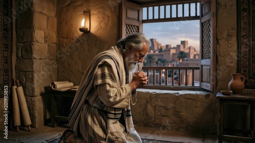 Elderly biblical patriarch kneeling in prayer inside an old stone chamber, hands clasped and eyes raised toward a window overlooking a palm-filled city and distant ziggurat at dusk