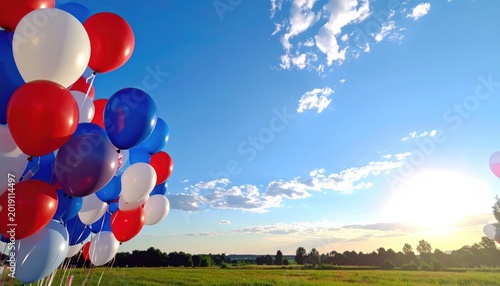 Red white and blue balloons outdoors.