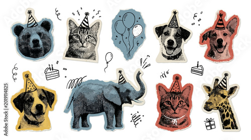 Colorful animal stickers with party hats