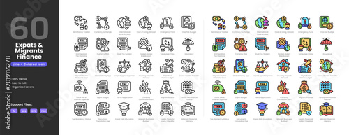 Cuadro en lienzo Expats and migrants finance icon set collection - colored outline line art style