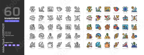 Photos Investment growth icon set collection - colored outline line art style