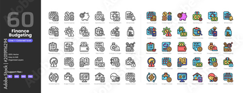 Принти на полотні Financial budgeting icon set collection - colored outline line art style