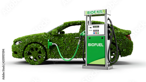 Green moss-covered car refueling at biofuel pump station on white background