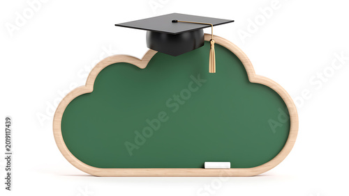 Graduation cap on cloud shaped chalkboard