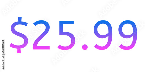 Colorful neon price tag illustration showing “$25.99” on transparent background with vibrant pink and blue gradient glow. Modern glowing typography design perfect for sale promotion