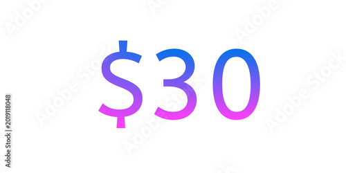 Colorful neon price tag illustration showing “$30” on transparent background with vibrant pink and blue gradient glow. Modern glowing typography design perfect for sale promotion
