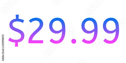 Colorful neon price tag illustration showing “$29.99” on transparent background with vibrant pink and blue gradient glow. Modern glowing typography design perfect for sale promotion