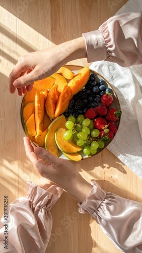 Woman hands holding bowl of fresh sliced cantaloupe, blueberries, strawberries and green grapes, healthy breakfast or snack, natural sunlight