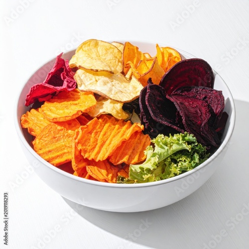 Bowl of colorful vegetable crisps including beet, carrot, and sweet potato chips, savory snacks, healthy plant-based appetizer, party food platter