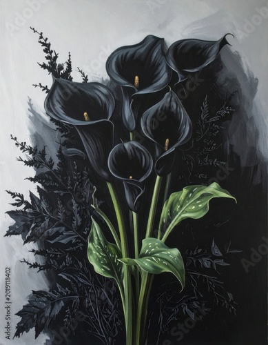 Black calla lilies bouquet with dark foliage, elegant floral arrangement for mourning, gothic weddings, funeral themes, moody botanical decor