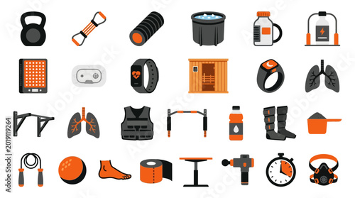 Vector Icons Set of modern gym and fitness equipment icons in flat style.