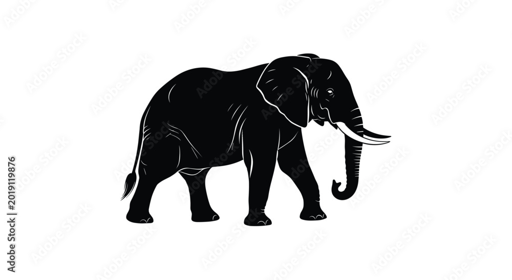 Fototapeta premium Majestic adult elephant silhouette walking with trunk curled illustration