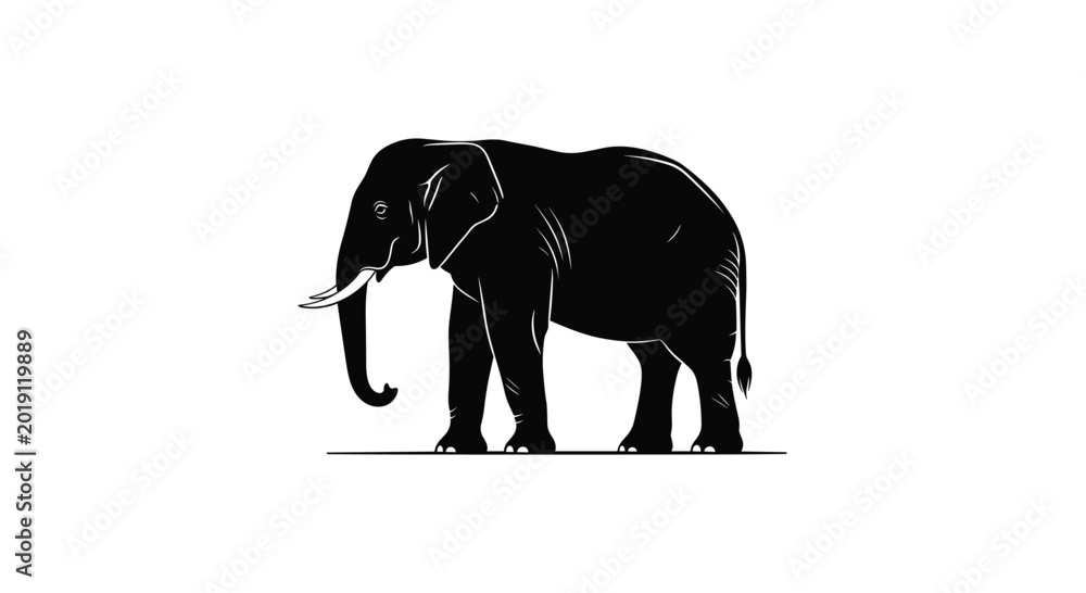 Fototapeta premium Strong adult elephant silhouette standing in profile view illustration