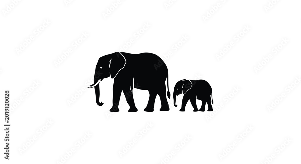 Fototapeta premium Black silhouettes of two elephants, one large and one small, moving across a light background.