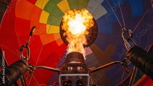 Close Up View of Propane Burner Firing Inside Colorful Hot Air Balloon