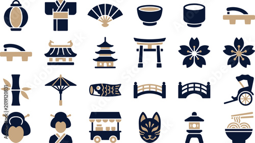 Bild auf Leinwand Japan icons set featuring traditional culture symbols and landmarks in a flat mi