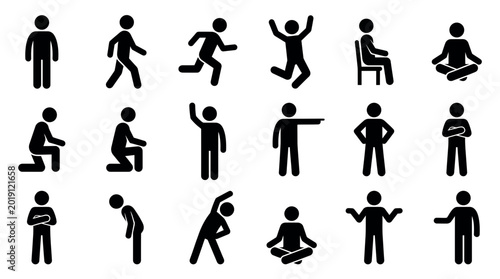 Set of black stick figure icons showing various human body poses and actions on a white background, illustrating common human movement patterns and covering instructional infographic design