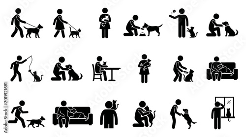 Set of black stick figure icons showing people interacting with their pet dogs and cats in various daily activities, representing animal care services illustrating the human animal bond