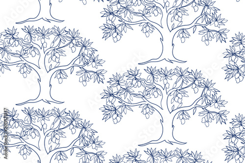Obraz na płótnie mango tree seamless vector pattern hand drawn ink traditional oriental asian Ind