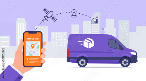 Hand holding smartphone with tracking map app near purple delivery van and city skyline, illustrating modern logistics management and representing global supply chain technology