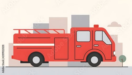 A vibrant red fire engine vehicle parked in front of a stylized city skyline, ready for action