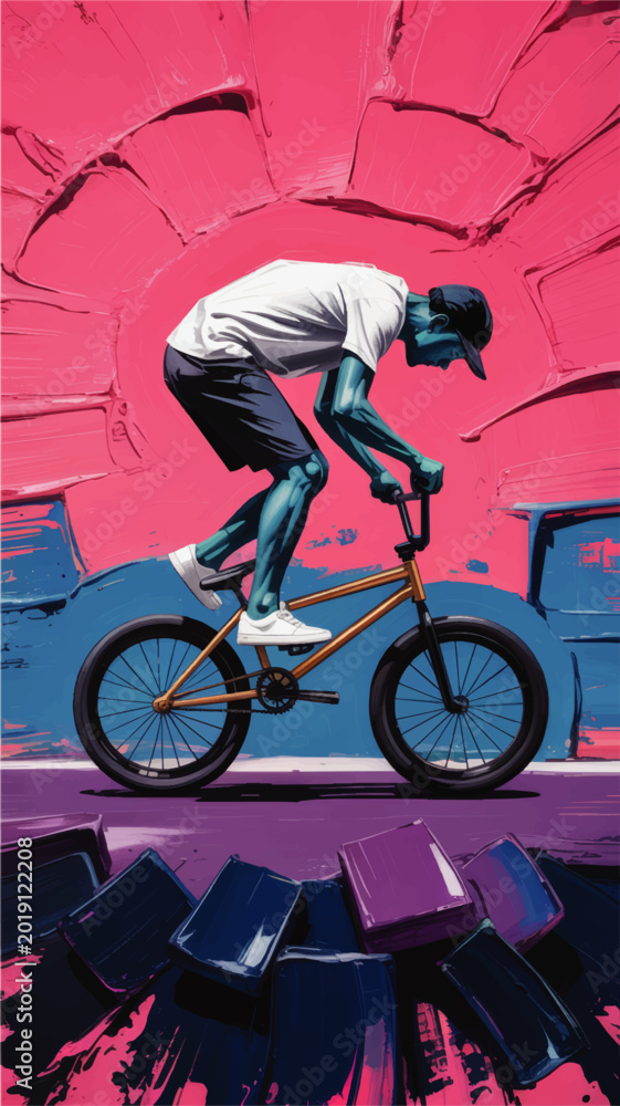 Fototapeta premium Urban BMX rider illustration in vibrant neon pink blue street art style, dynamic freestyle cycling concept for youth sports design