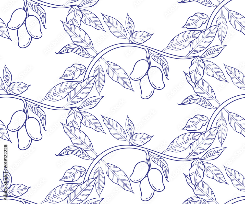Fototapeta premium mango leaves floral seamless vector pattern hand drawn ink traditional oriental asian Indian design isolated