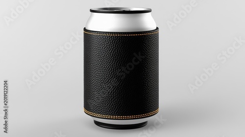 Luxurious Black Leather Can Cooler with Orange Stitching, Isolated.