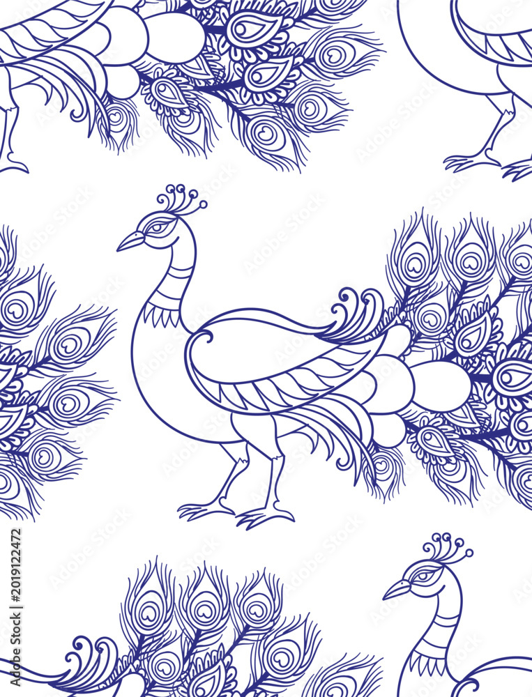Fototapeta premium peacock feathers seamless vector pattern hand drawn ink traditional oriental asian Indian design isolated