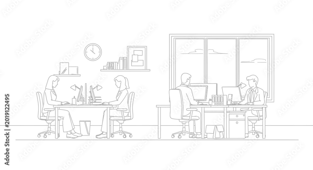 Obraz premium Modern Office Workspace with Business Professionals Working at Desks, Minimalist Line Art Illustration