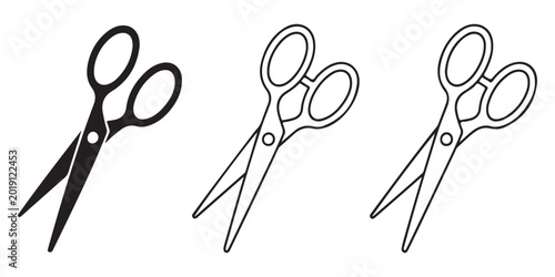 Foto Standard tailor scissors vector icon set with solid black shapes and thin outline drawings for sewing dressmaking and textile craft design projects