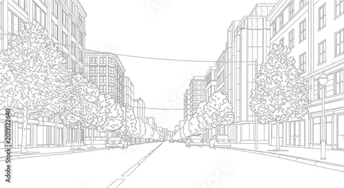 Modern City Street Line Art Illustration - Architectural Urban Landscape Sketch with Buildings, Trees, and Cars for Coloring or Design Background