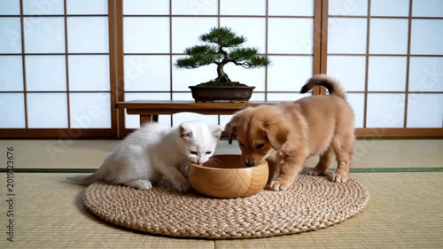 Two puppies drinking water from a wooden bowl in a traditional Japanese room with bonsai tree.