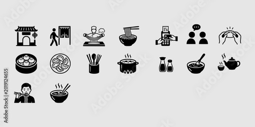 Foto Icon set collection of authentic Chinese noodle shop elements including handmade ramen, dim sum, traditional tea service, and restaurant dining scenes