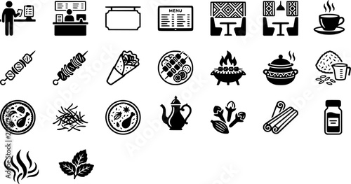 Tableau sur toile Icon set collection of aromatic Middle Eastern cuisine featuring shish kebabs, biryani rice, exotic spices, and traditional coffee service