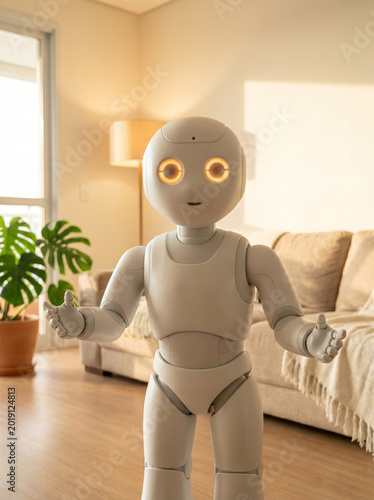 Friendly Humanoid Robot Standing in Cozy Living Room Offering Interaction and Smart Home Assistance