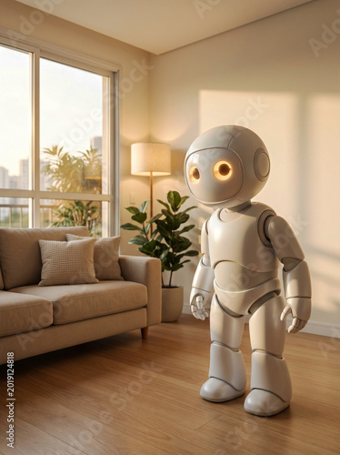 Friendly humanoid robot standing in a modern living room at home