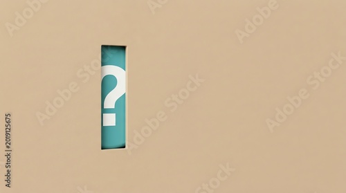 Abstract turquoise button with white question mark peeking through a cardboard opening, representing curiosity and inquiry
