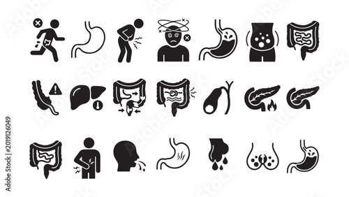 Obraz na plátně Digestive System and Abdominal Pain Icon Set