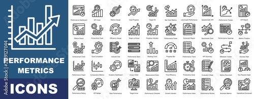 Performance Metrics icon pack collection set for business management. With Dashboard, KPI, Metrics, Goal, Target, Bar Chart, Line Graph, Gauge, Tracker, Report, Board, Productivity, Efficiency.