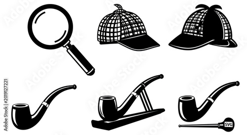 Quadro em tela Detective Icons: Magnifying Glass, Pipes, Sherlock Holmes Hat - Vector Illustrat